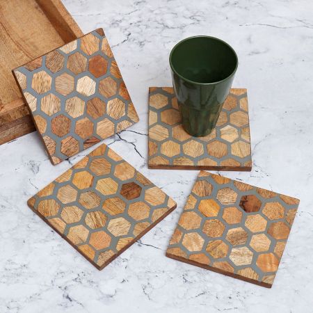 Modern Brown & Grey Wooden Coasters - Pack of 4